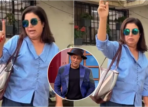 Farah Khan speaking to paparazzi with a serious but direct expression, making a point about photo angles.
