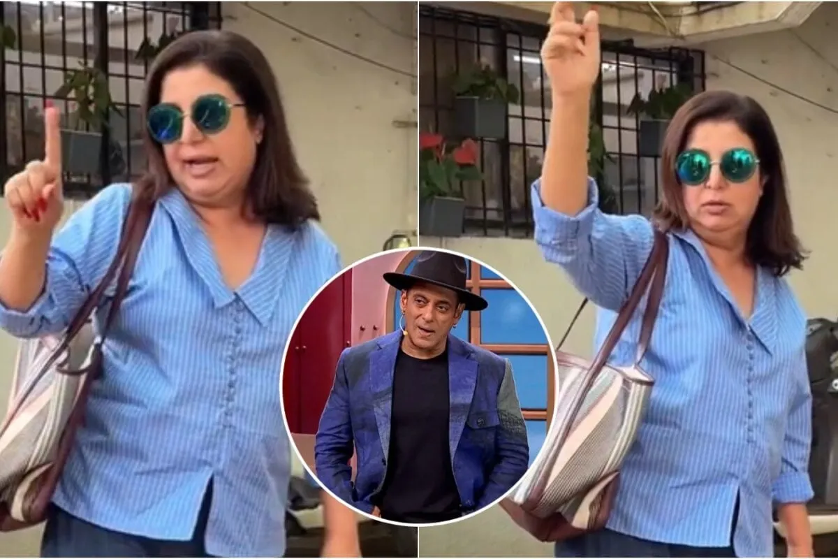 Farah Khan speaking to paparazzi with a serious but direct expression, making a point about photo angles.
