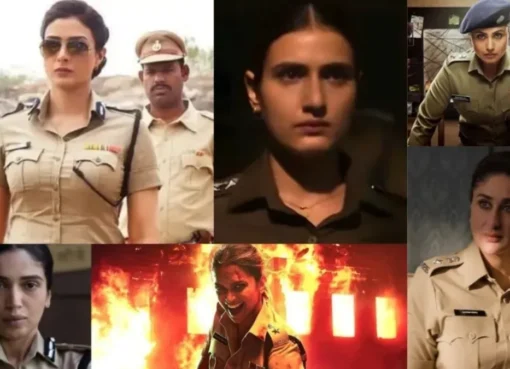 A collage featuring Rani Mukerji, Deepika Padukone, and Fatima Sana Shaikh in their police uniforms, looking tough.