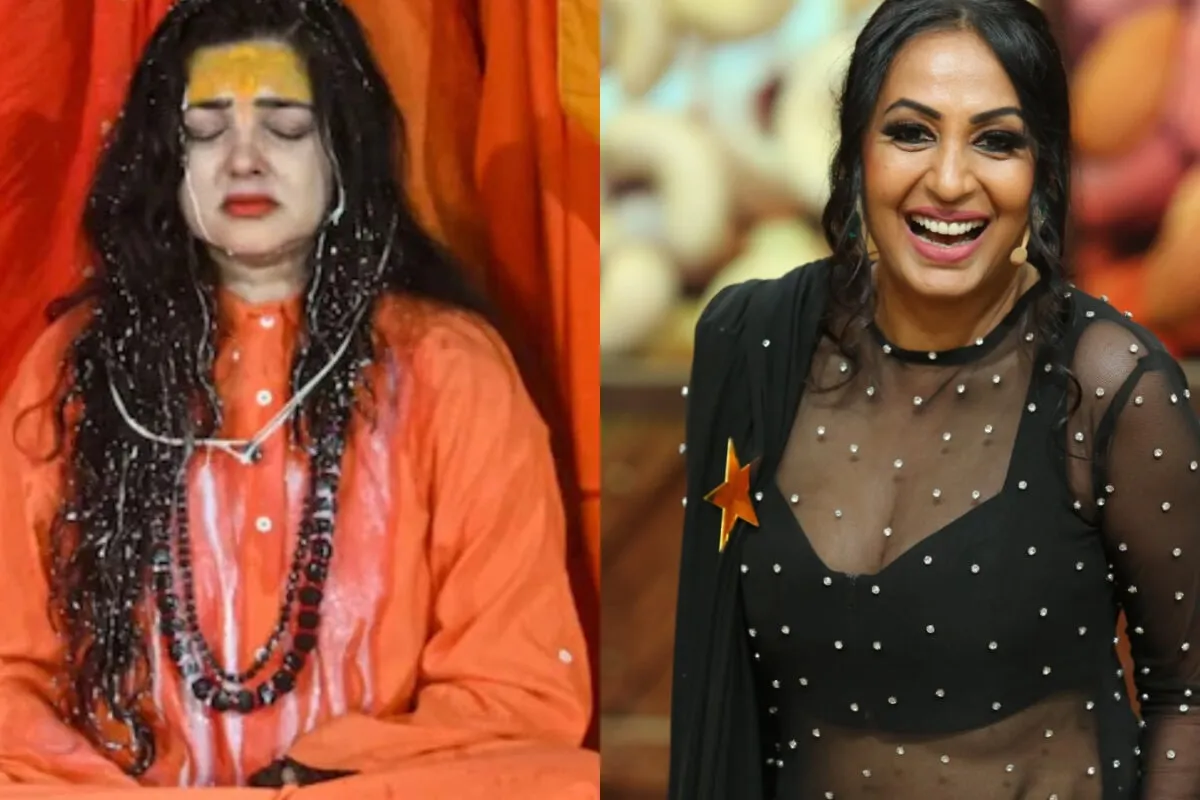 Collage of Mamta Kulkarni in a spiritual setting and Kashmera Shah speaking.