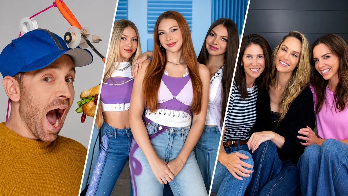 A vibrant collage featuring scenes from Joseph's Machines, Triple Charm, and What's Up Moms, showcasing family-friendly fun and creativity.