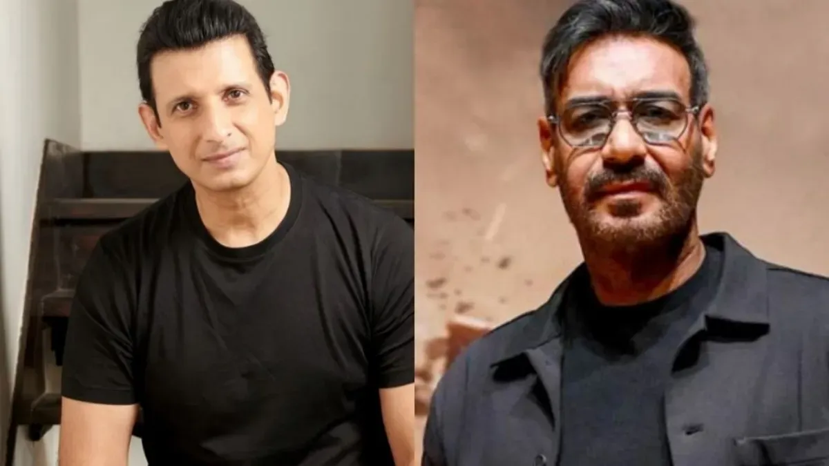 Sharman Joshi and Ajay Devgn smiling together, possibly from the set of Golmaal 5.