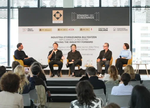 A diverse group of film industry leaders and investors gathered at a modern conference, discussing projects.