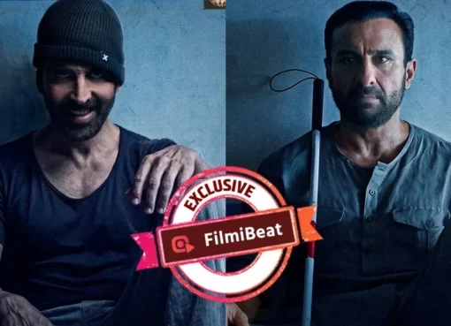 Akshay Kumar and Saif Ali Khan looking intense on the Haiwaan movie poster.