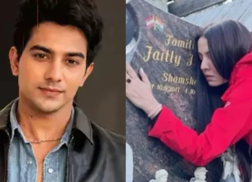 Celina Jaitley at a grave, expressing grief.