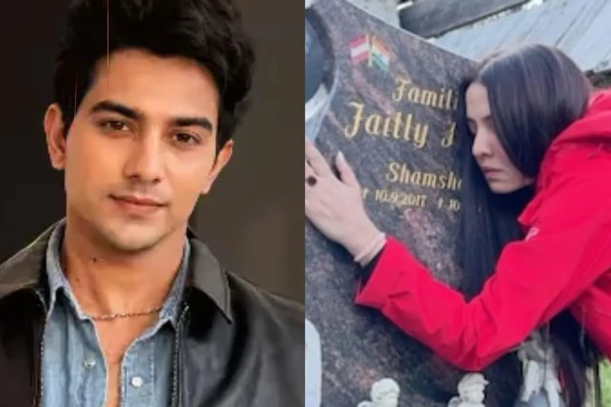 Celina Jaitley at a grave, expressing grief.