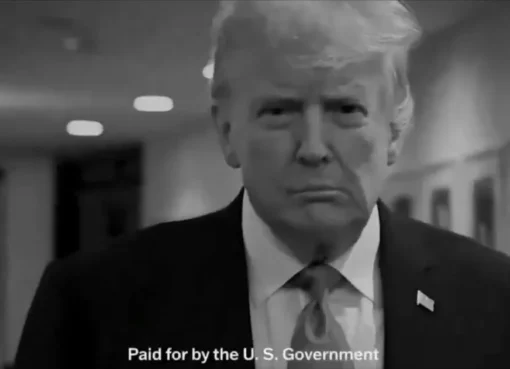 Former President Trump giving a speech with an American flag behind him, likely from an ad.