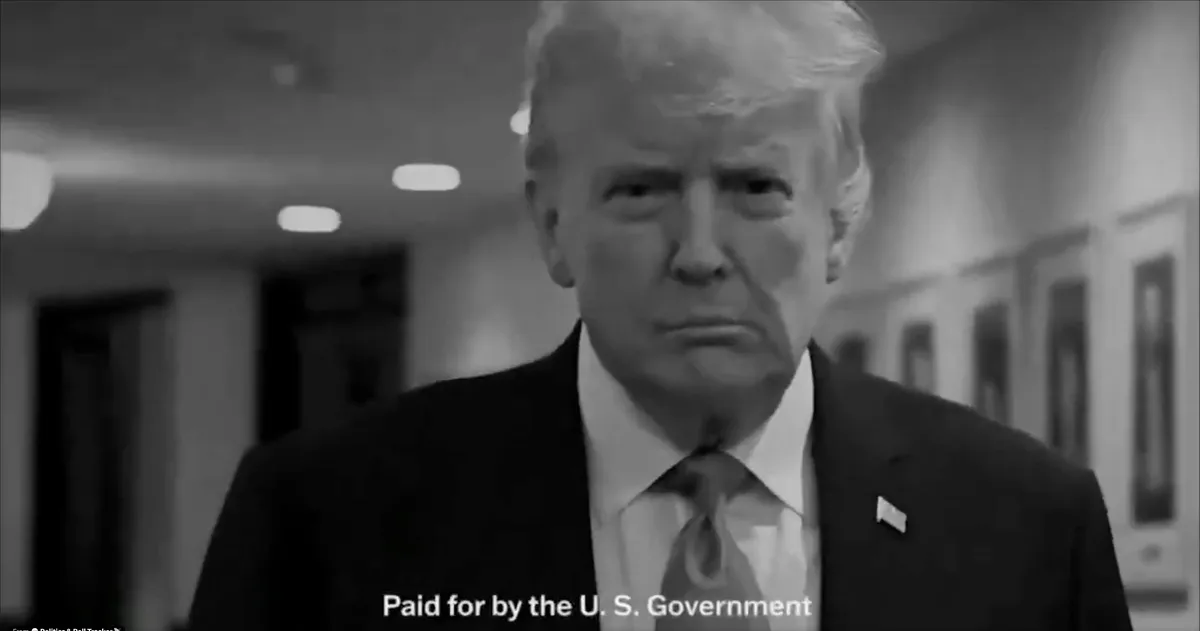 Former President Trump giving a speech with an American flag behind him, likely from an ad.
