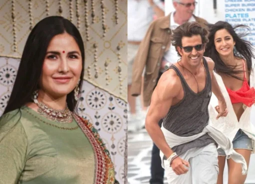 Hrithik Roshan and Katrina Kaif smiling and posing together at a film event.