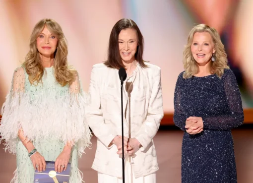 Jaclyn Smith, Kate Jackson, and Cheryl Ladd smile on stage during the Charlie's Angels reunion at the Emmys.