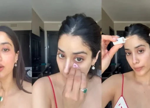 Janhvi Kapoor smiling, showing off her natural, effortless makeup with pink blush and nude lips.