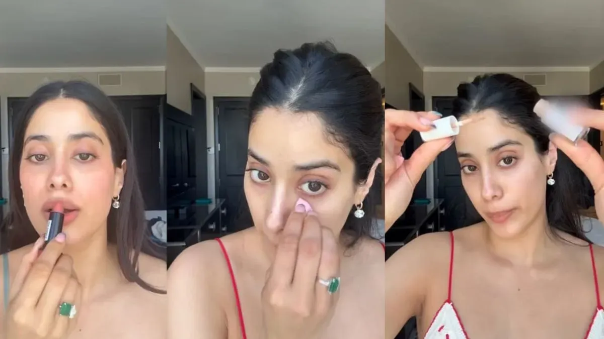 Janhvi Kapoor smiling, showing off her natural, effortless makeup with pink blush and nude lips.