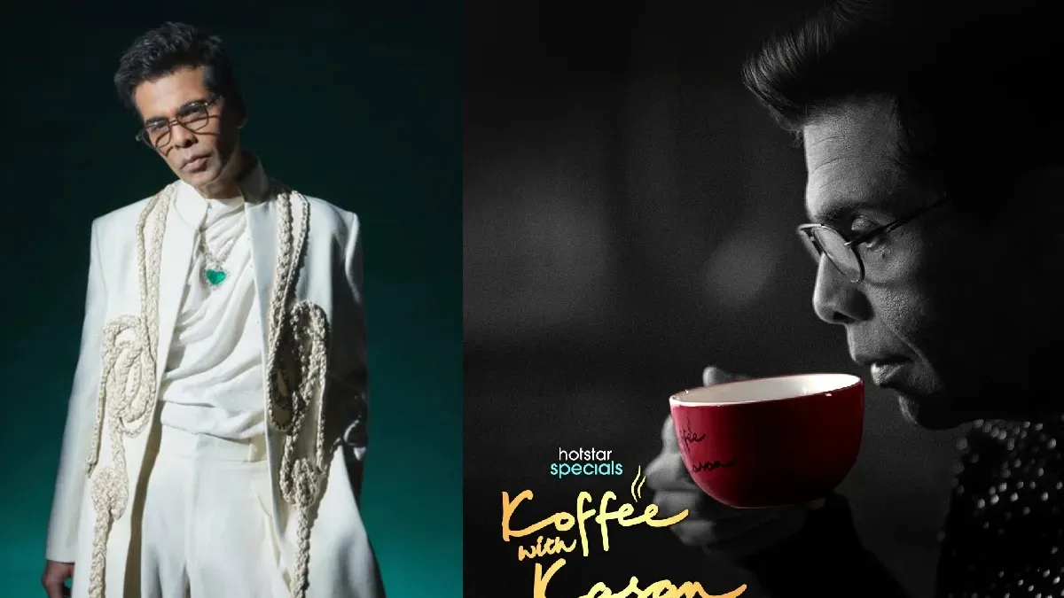 Karan Johar smiling on the colorful, plush set of Koffee With Karan, holding a coffee mug.