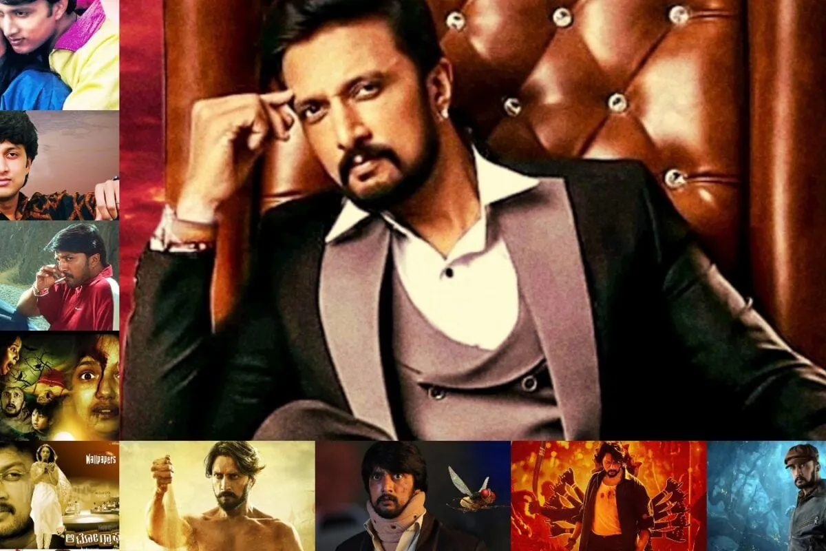 Kichcha Sudeepa looking sharp and stylish in a movie still.