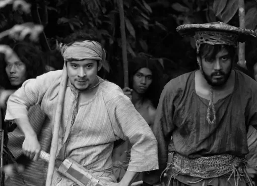 A still from Lav Diaz's film 'Let Us Through, Dear Ancestors', depicting historical figures in period clothing.