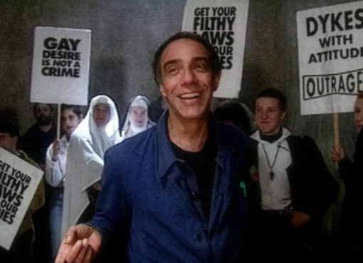 Archival footage of Derek Jarman filming 'Edward II' in the early 90s, showing a vintage, raw aesthetic.