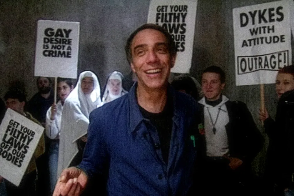 Archival footage of Derek Jarman filming 'Edward II' in the early 90s, showing a vintage, raw aesthetic.