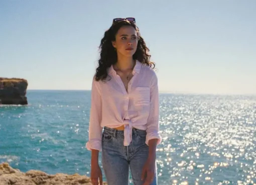 Margaret Qualley in a thoughtful pose from 'Love of Your Life', looking serious.