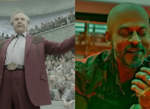 Split image showing Tom Cruise as Digger Rockwell from Tropic Thunder and Shah Rukh Khan in Jawan, demonstrating their dramatic physical transformations for roles.
