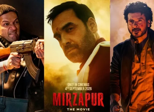 Pankaj Tripathi, Ali Fazal, and Divyenndu from Mirzapur looking intense in their character roles.