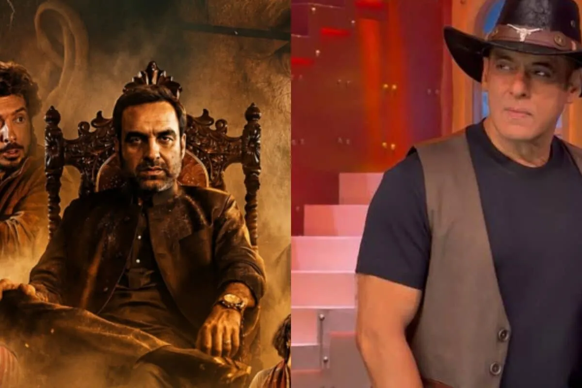 Montage of Mirzapur movie poster and Salman Khan on the Bigg Boss set.