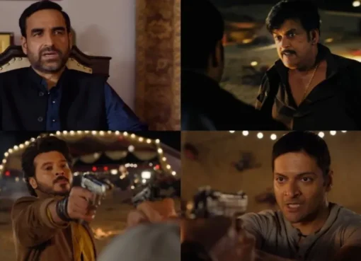 Dramatic shot of Guddu and Munna from Mirzapur facing off, with Kaleen Bhaiya in the background looking powerful.