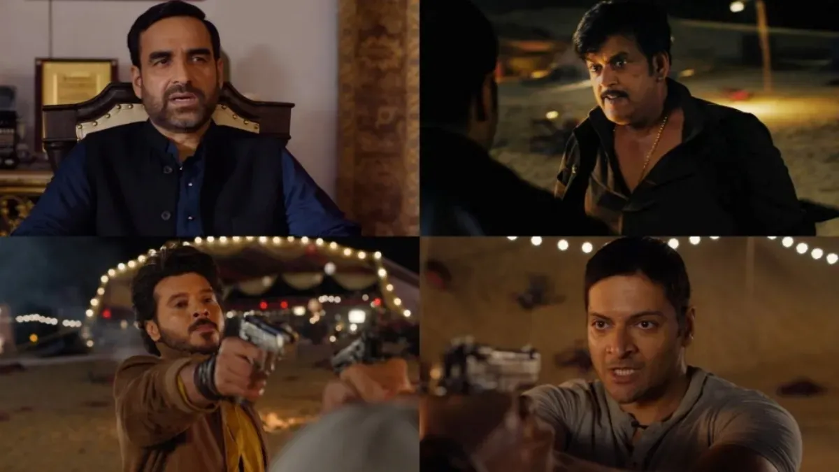 Dramatic shot of Guddu and Munna from Mirzapur facing off, with Kaleen Bhaiya in the background looking powerful.