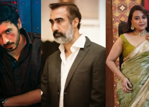 A split image showing a gritty scene from Mirzapur The Movie and a serious photo of actor Ranvir Shorey.