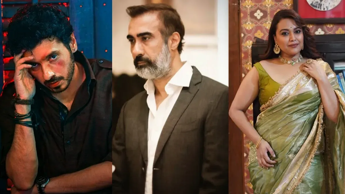 A split image showing a gritty scene from Mirzapur The Movie and a serious photo of actor Ranvir Shorey.