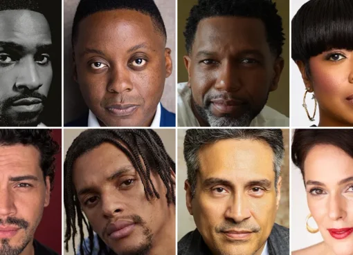 A group of diverse actors smiling and posing for a photo.