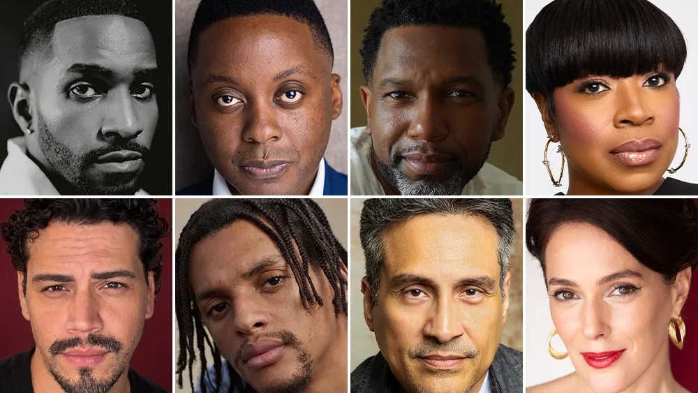 A group of diverse actors smiling and posing for a photo.