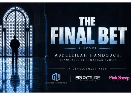 A vintage-style film clapperboard with 'The Final Bet' written on it, set against a backdrop hinting at the vibrant, mysterious streets of Casablanca.