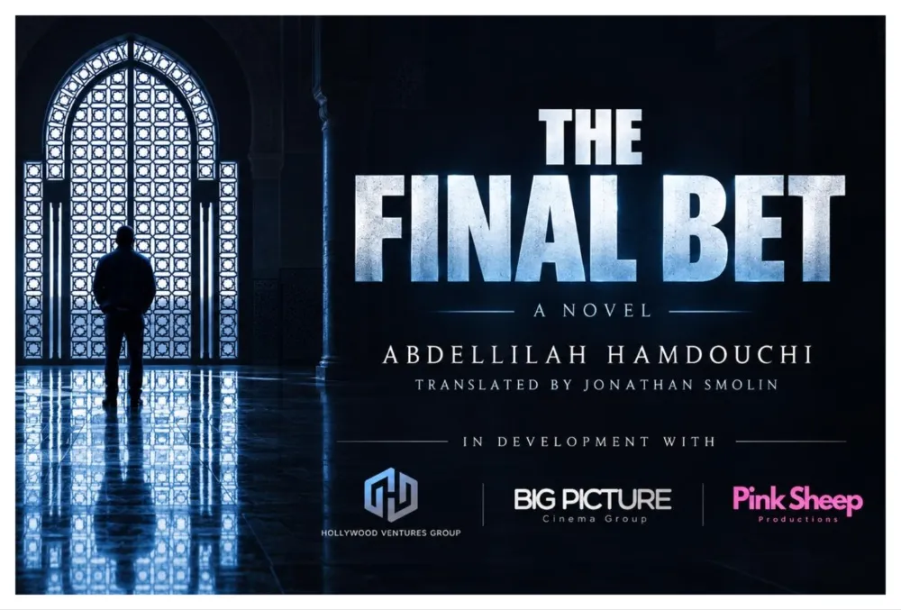 A vintage-style film clapperboard with 'The Final Bet' written on it, set against a backdrop hinting at the vibrant, mysterious streets of Casablanca.