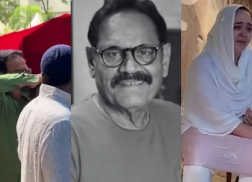 Salma Khan, looking visibly distressed and crying, at the funeral of her husband, actor Mushtaq Khan.