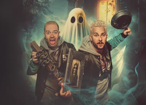 Promotional image for 'Don't F***k With Ghosts' showing a ghostly figure with comedic elements.