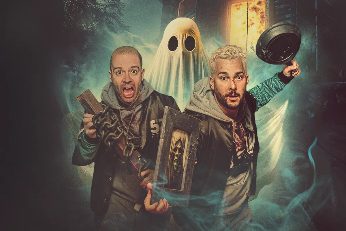 Promotional image for 'Don't F***k With Ghosts' showing a ghostly figure with comedic elements.