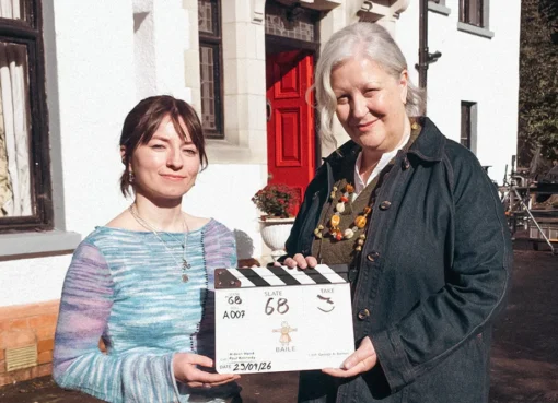 Promotional image of Marion O'Dwyer and Hazel Doupe smiling together, hinting at a comedy film.