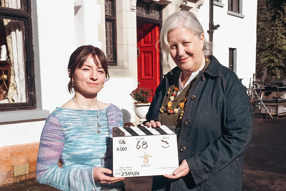 Promotional image of Marion O'Dwyer and Hazel Doupe smiling together, hinting at a comedy film.