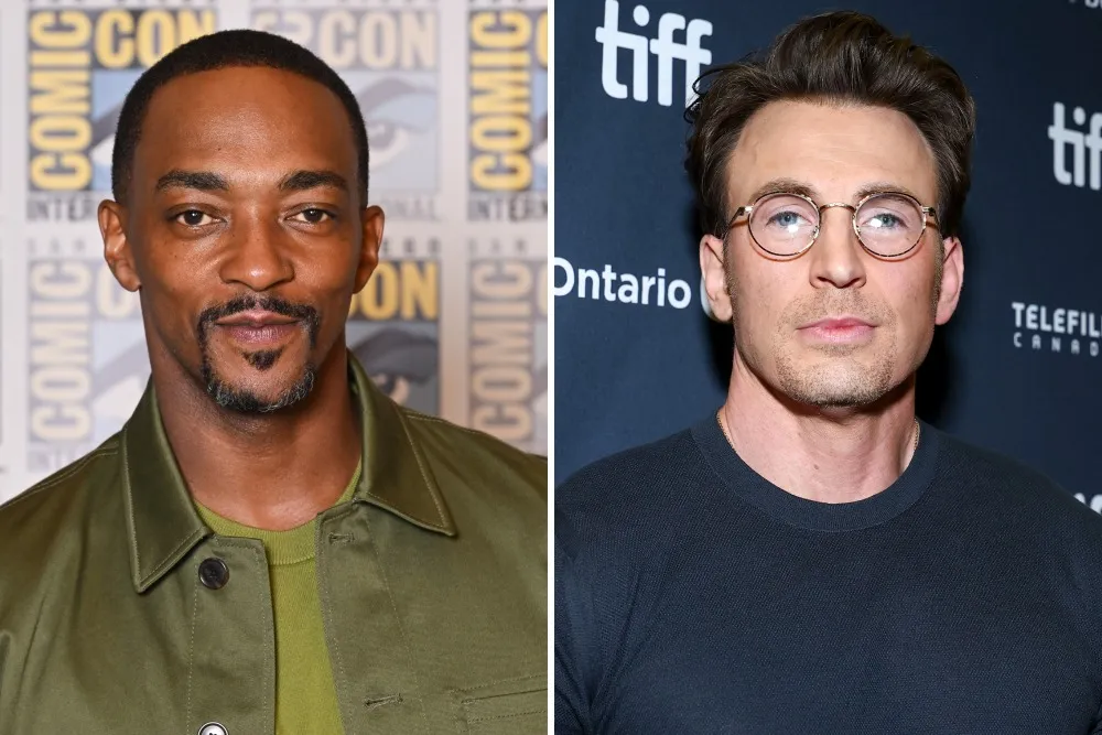 Anthony Mackie and Chris Evans smiling together, looking like good friends.