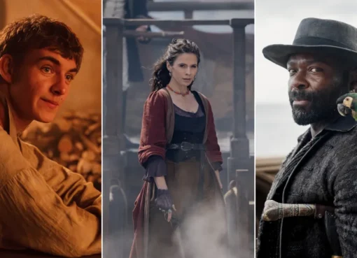 Promotional image from the new Treasure Island series showing actors Hayley Atwell, David Oyelowo, and Tom Sweet in pirate attire on a ship or island setting.