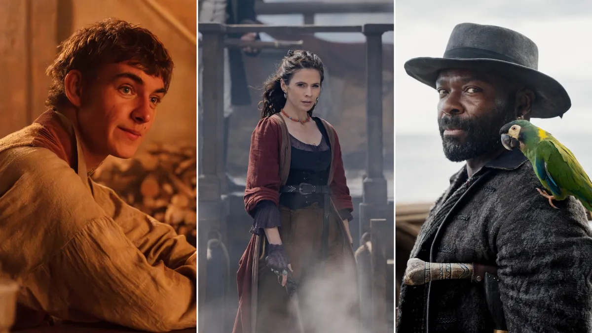 Promotional image from the new Treasure Island series showing actors Hayley Atwell, David Oyelowo, and Tom Sweet in pirate attire on a ship or island setting.