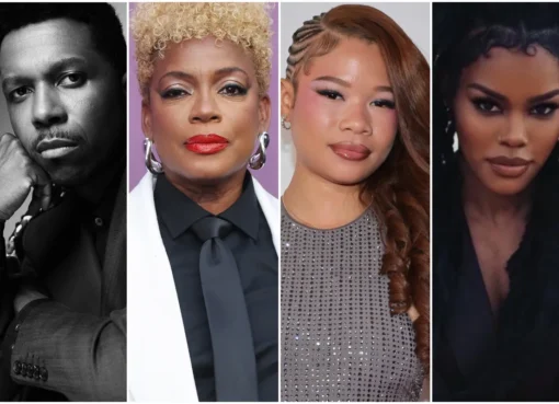Teyana Taylor, Leslie Odom Jr., Aunjanue Ellis-Taylor, and Storm Reid smiling.
