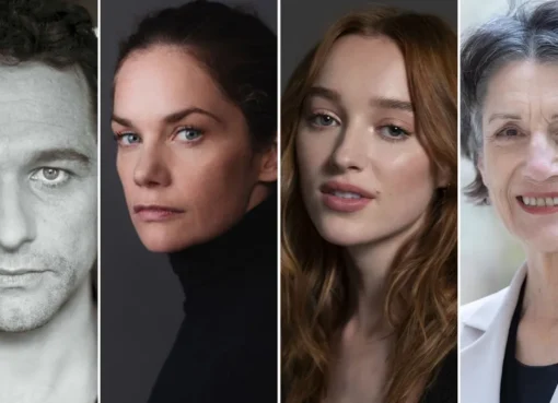 A collage of headshots featuring Matthew Rhys, Ruth Wilson, Phoebe Dynevor, and Harriet Walter, with a festive yet mysterious overlay.