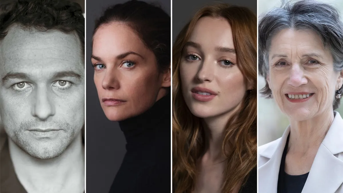 A collage of headshots featuring Matthew Rhys, Ruth Wilson, Phoebe Dynevor, and Harriet Walter, with a festive yet mysterious overlay.