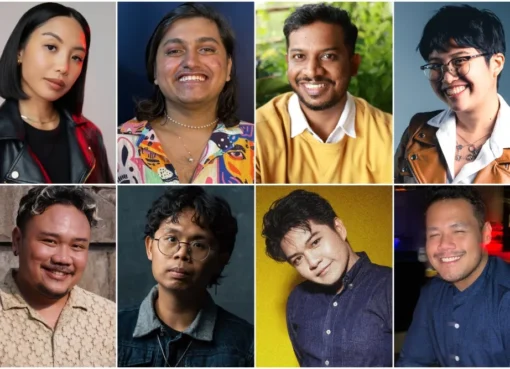 A vibrant illustration of diverse filmmakers and mentors from Southeast Asia, celebrating queer storytelling.
