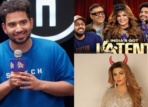 Rakhi Sawant and Ashneer Grover together on a show stage.