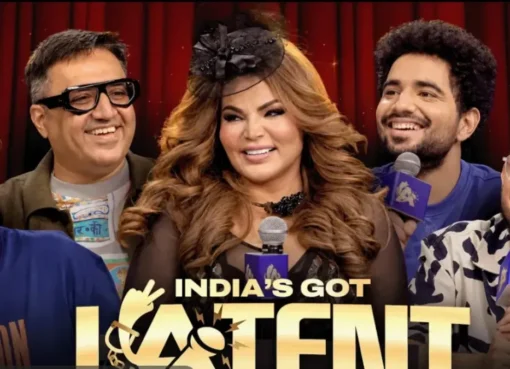 Samay Raina, Rakhi Sawant, and Ashneer Grover laughing on the India's Got Latent set.