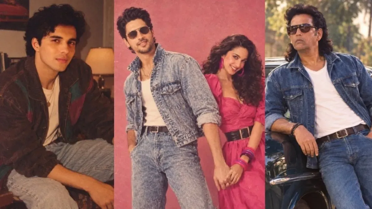 Celebrities like Sid-Kiara and Ravi Kishan shown in an 80s retro style generated image with bright, nostalgic colors.