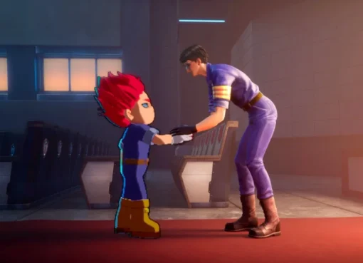Dynamic image showing animated characters from 'Guardians of the Video Game' ready for action.