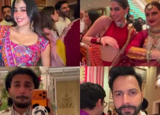 Orry posing with various Bollywood celebrities like Rekha and Janhvi Kapoor at a festive event.